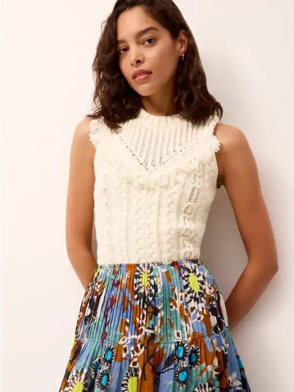Marie Oliver Wesley Falling Into Place Cream Fringe Cable Knit Sweater